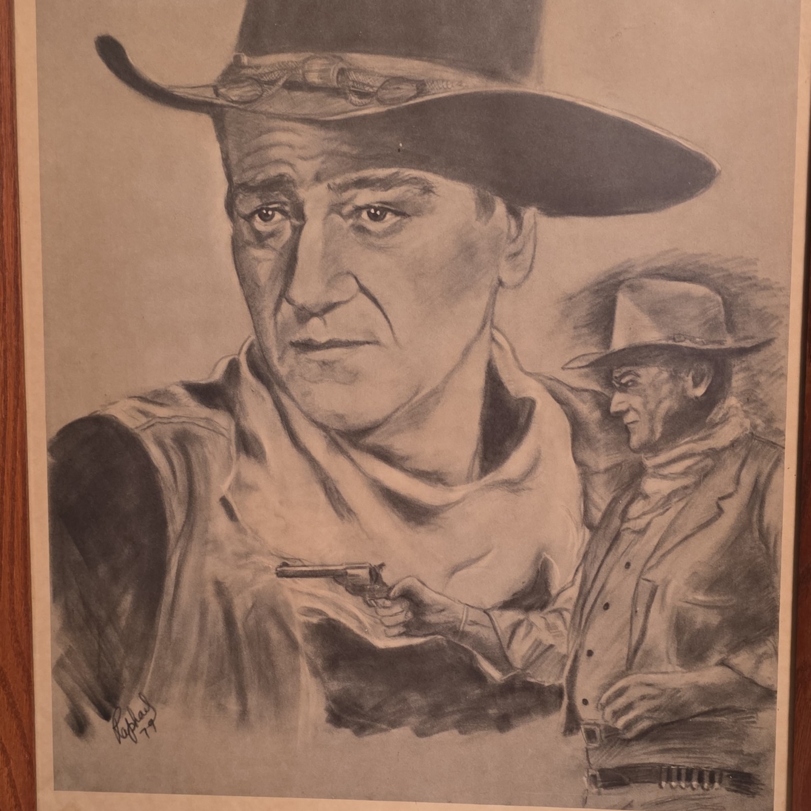 Raphael 'The Duke' Original Cowboy Realism Pencil Drawing Signed Framed 1977