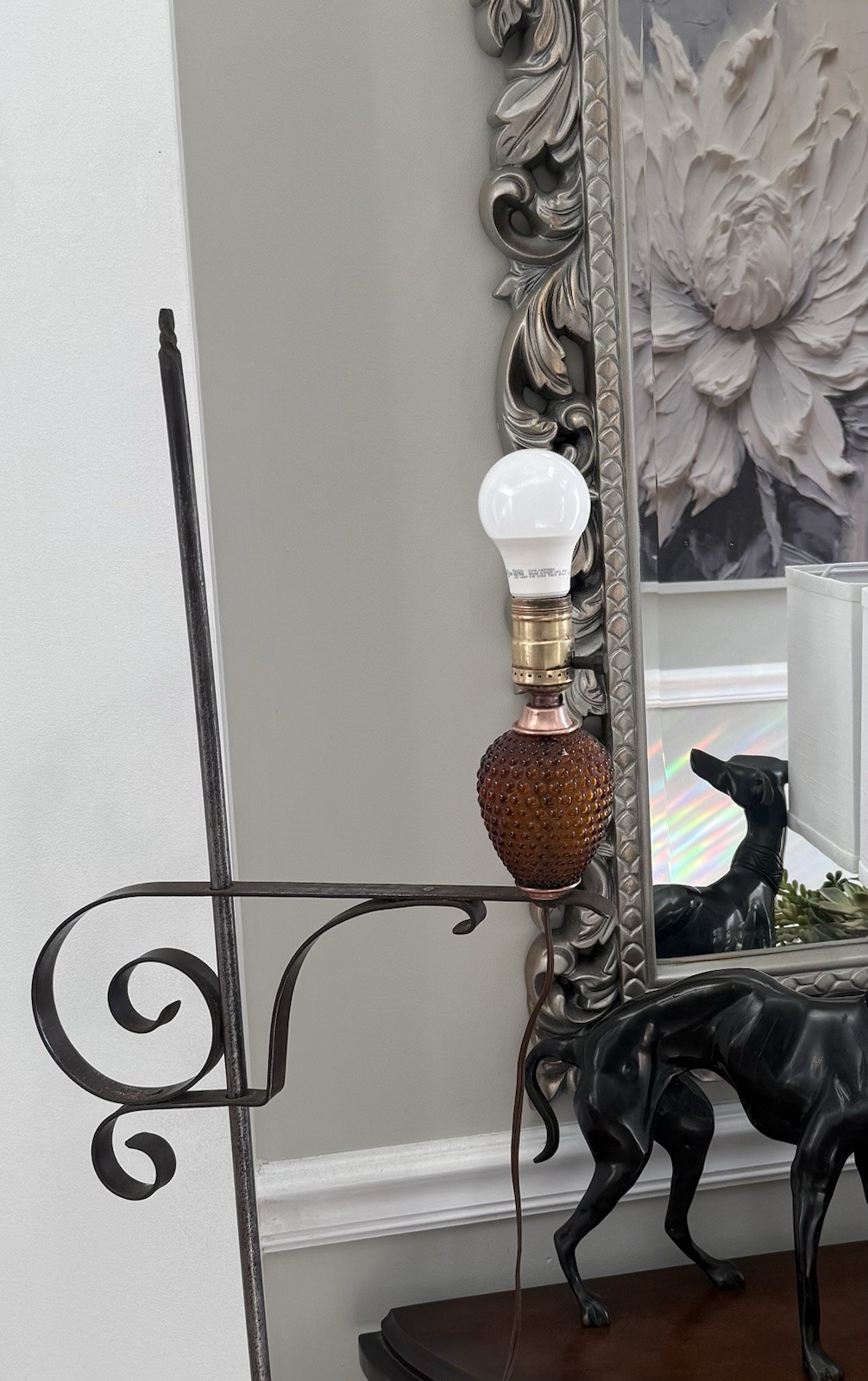 Antique  Primitive Wrought Iron & Copper Floor Lamp W/ Amber Hobnail Globe  5’ 