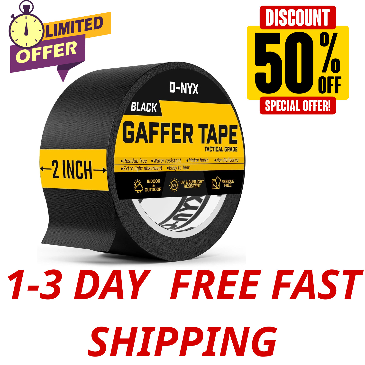 Gaffers Tape Matte Black Gaff Tape Waterproof, No Residue, Nonreflective