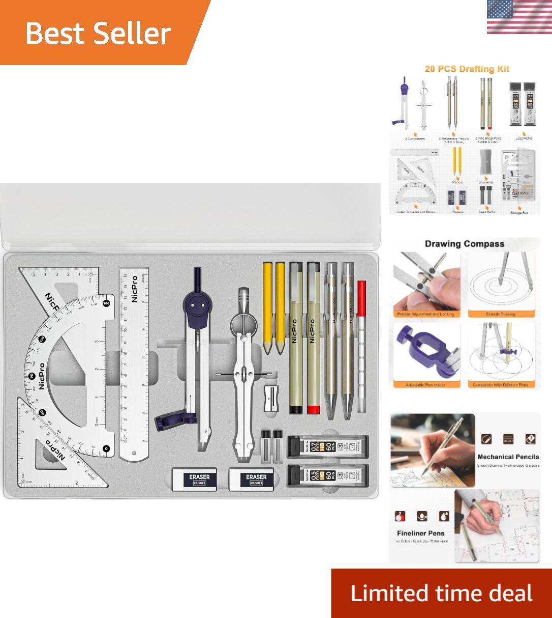 20PCS Professional Geometry Set: Precision Tools for Architects & Engineers
