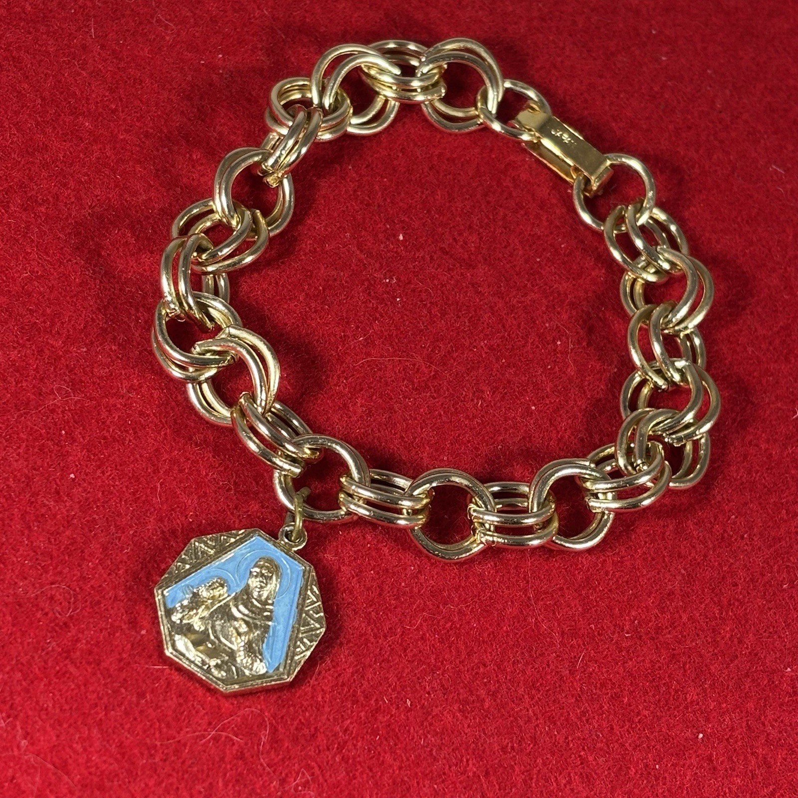 Vintage Gold Tone Enamel Mary & Infant Jesus Religious Charm Bracelet Japan