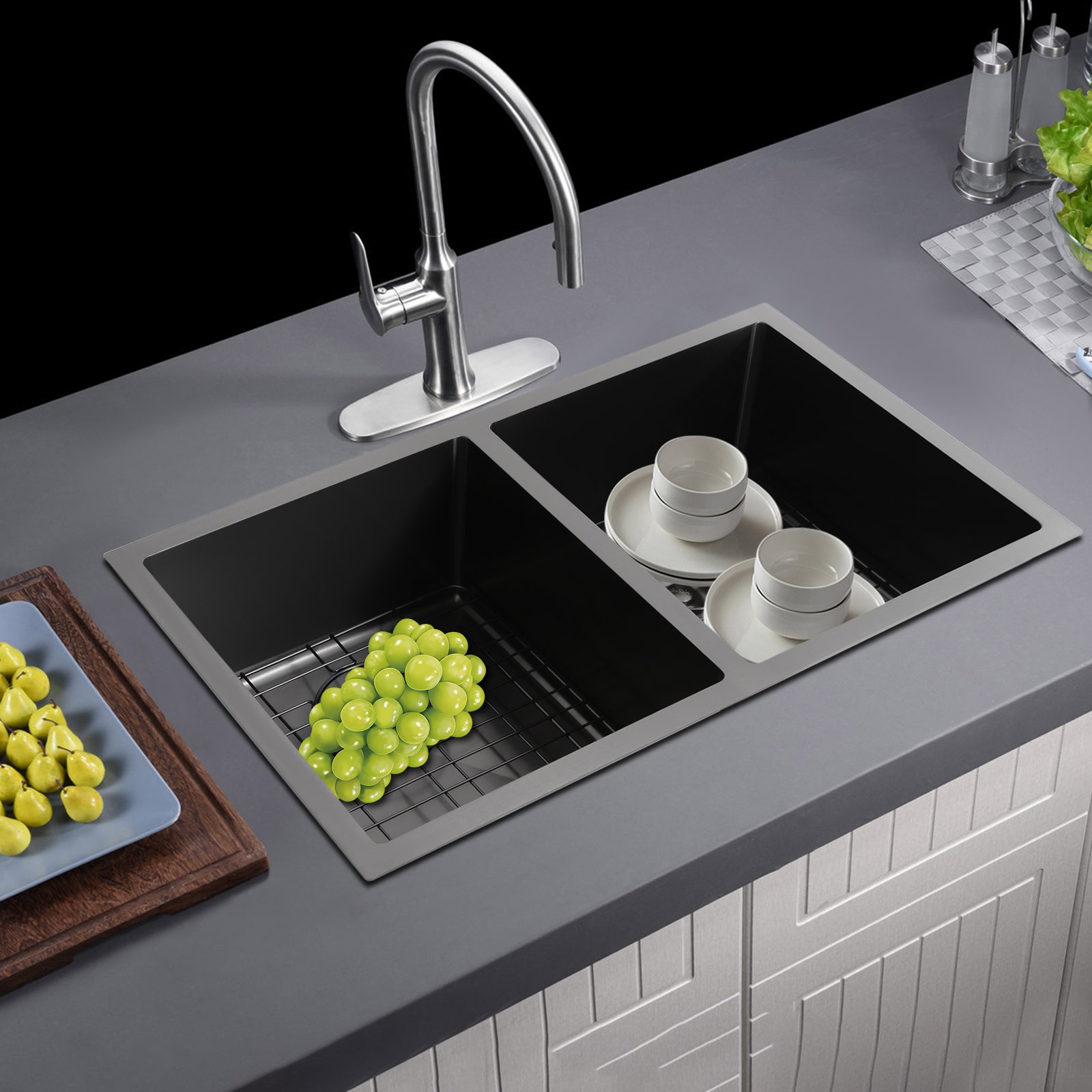31" x 18"  Double Bowl Sink, Kitchen Sink, Sink with Grid and Drainer