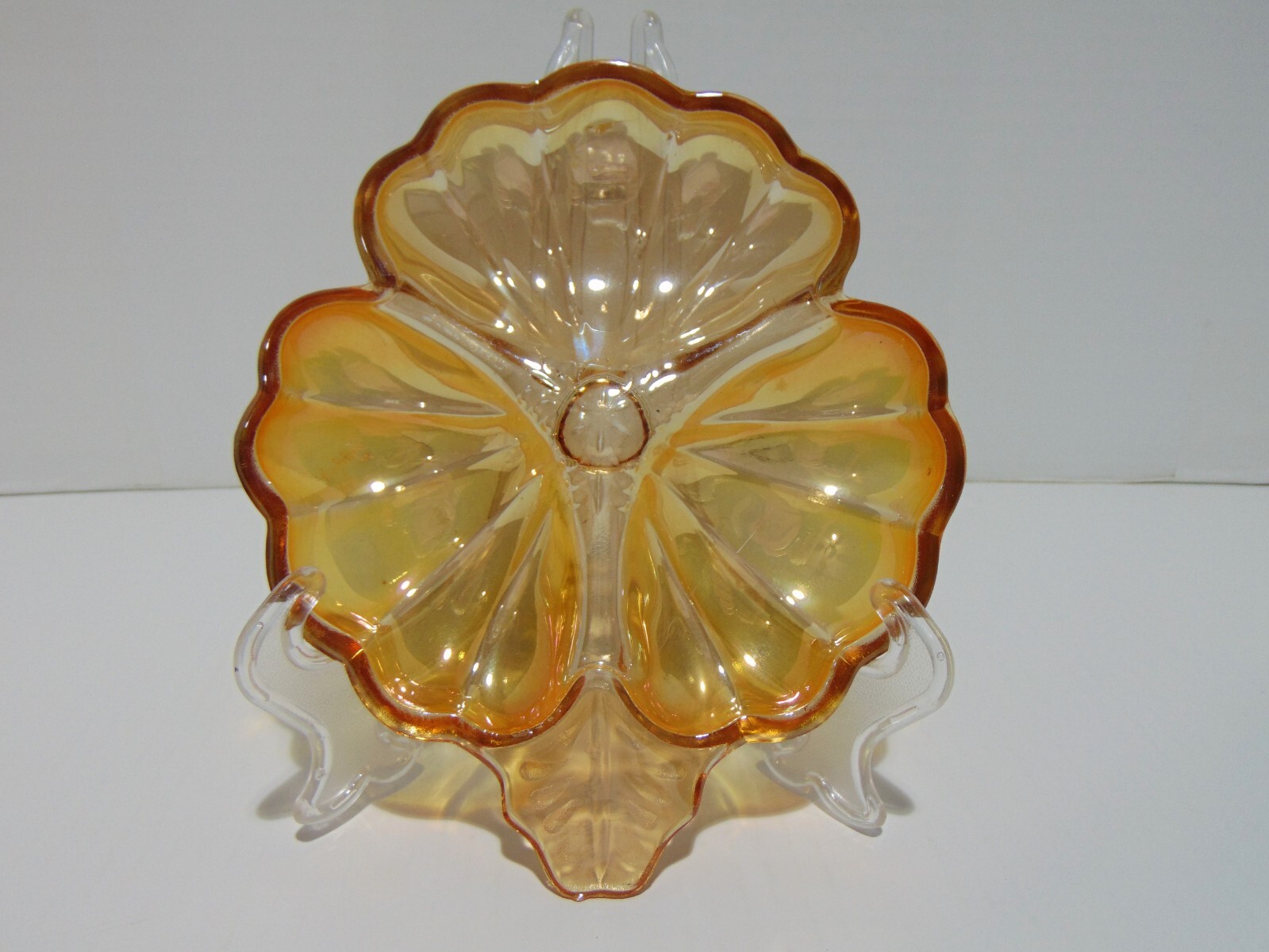 Jeannette Doric Glass Marigold Lusterware 3 Leaf Clover Divided Dish