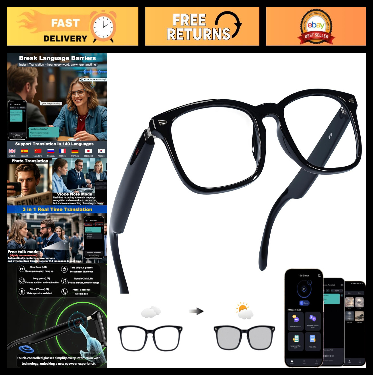 Smart Bluetooth Glasses 5.4 with Translation 160+ Languages, Color-Change Lens,