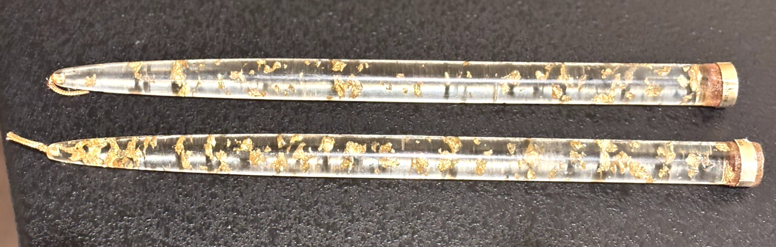 MCM Lucite Acrylic Candles Clear with Gold Flakes Vintage Tapers Pair 11-1/2"