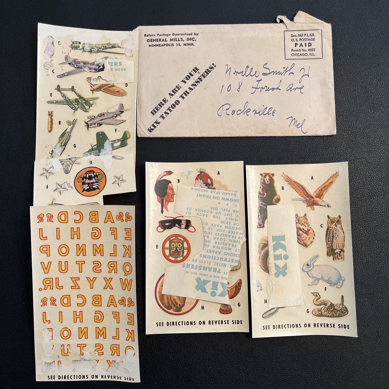 Vintage circa 1950's Kix Cereal "tatoo transfers" temporary tattoos w/envelope