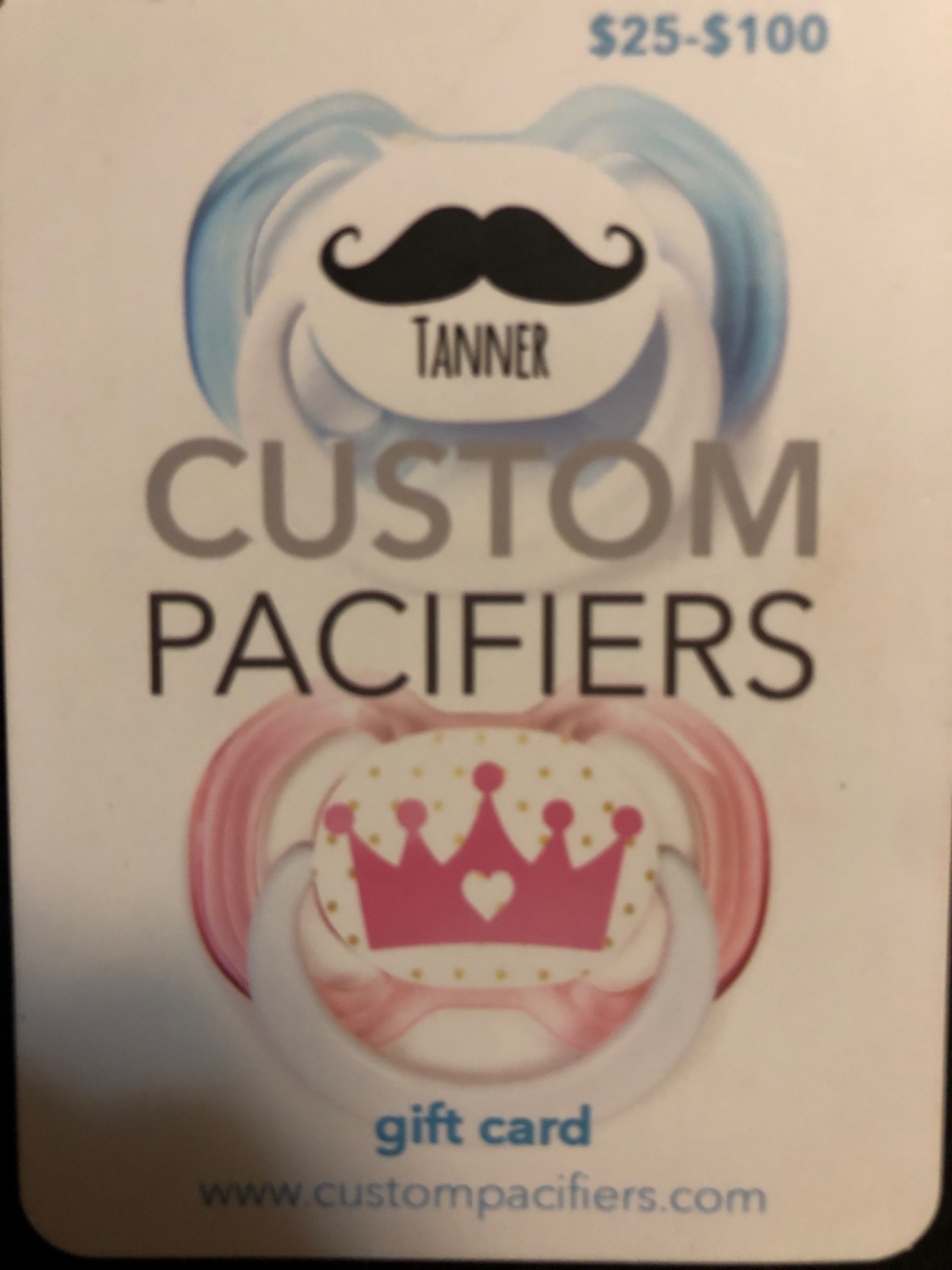 $30 Custom Pacifiers Gift Card•Baby Shower Gift•customizable Pacifiers Boy Girl