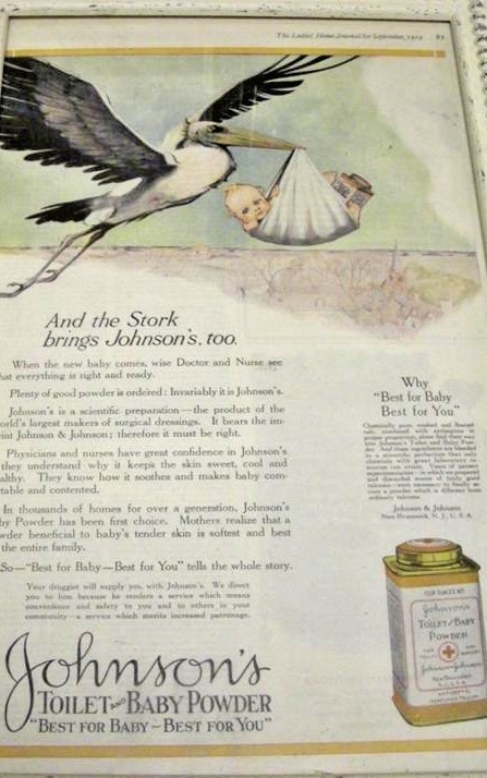 1919 JOHNSON'S POWDER NEW BORN BABY STORK DELIVERY iLLUSTRATED 10X16" VINTAGE AD