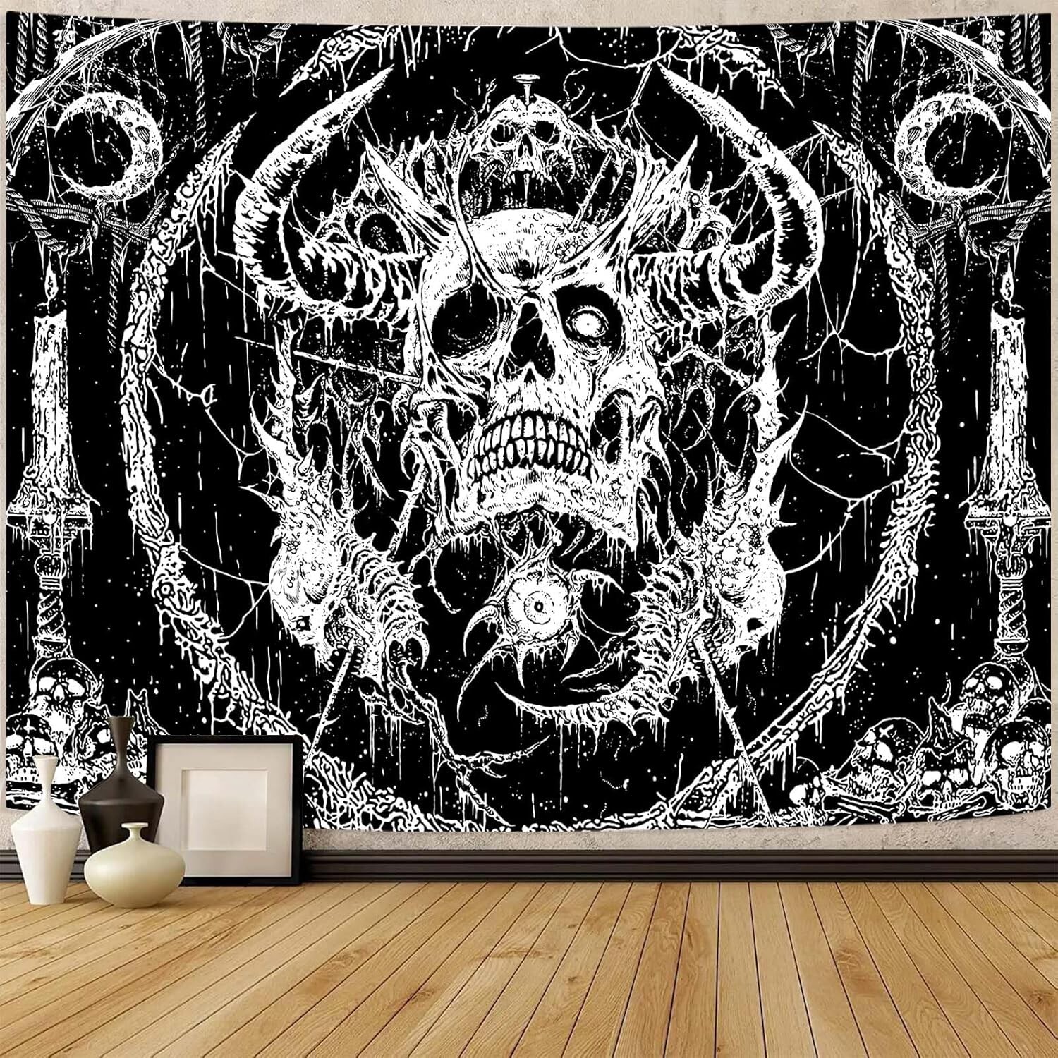 Skull Tapestry, Gothic Horror Moon Skeleton Mystic Dark Tapestries for Bedroo...