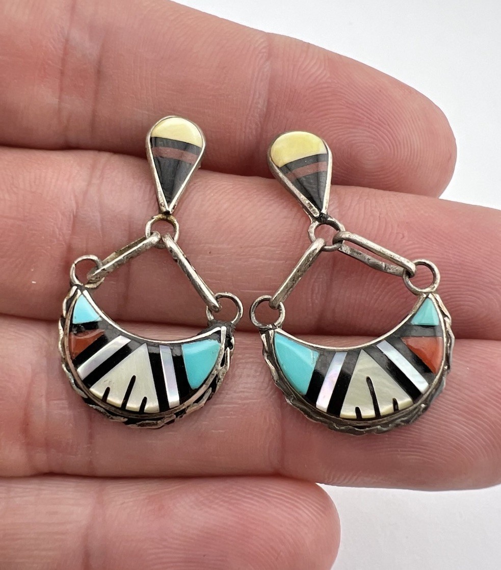 Vintage Zuni Sterling Silver Multi Gemstone Flush Inlay Post Dangle Earrings