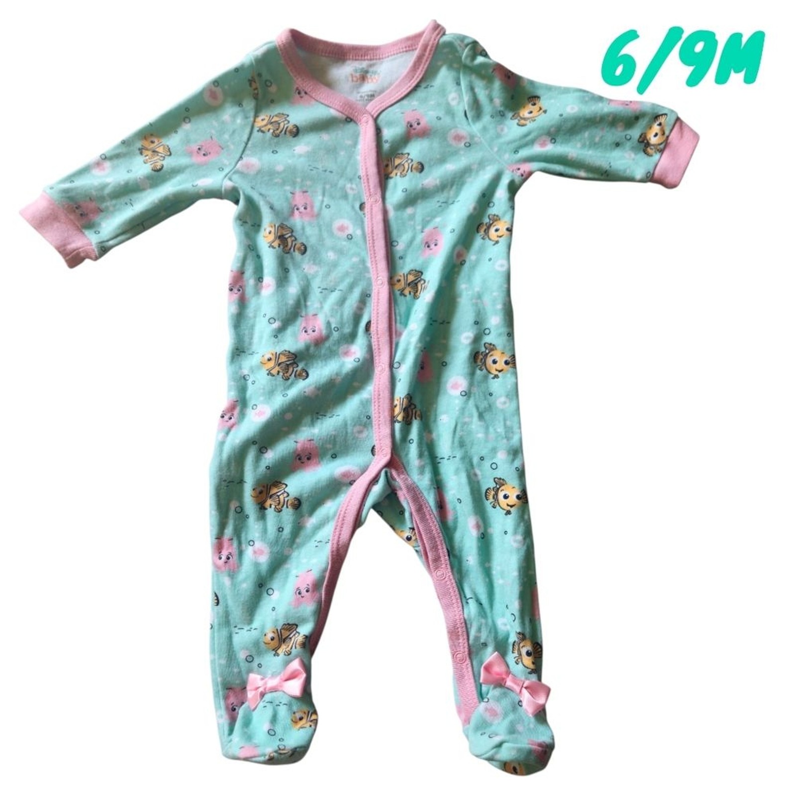 Disney Baby Girls Finding Nemo Footed PJS Button Down Bow One Piece Infant 6/9M