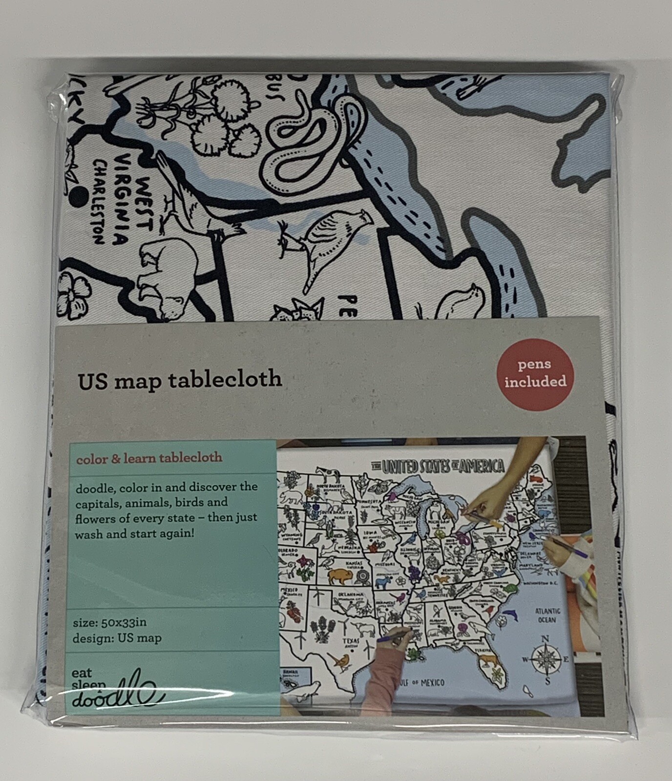 Educational Eat Sleep Doodle United States Map Table Cloth Color & Wash 50 x 33"