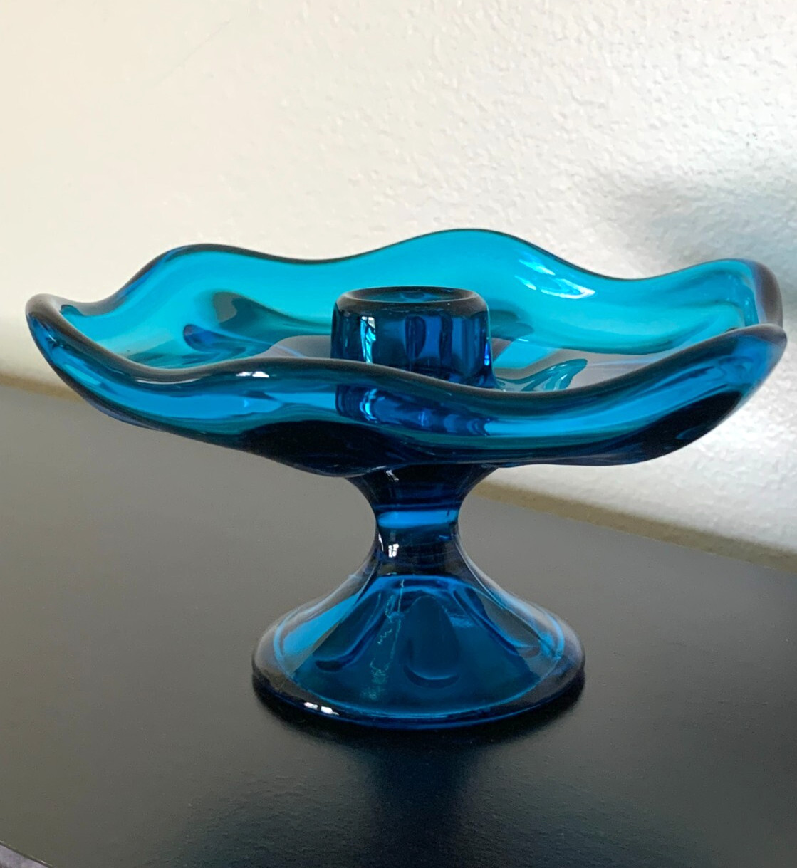 Vintage  MCM Viking Glass bluenique candle holder great condition