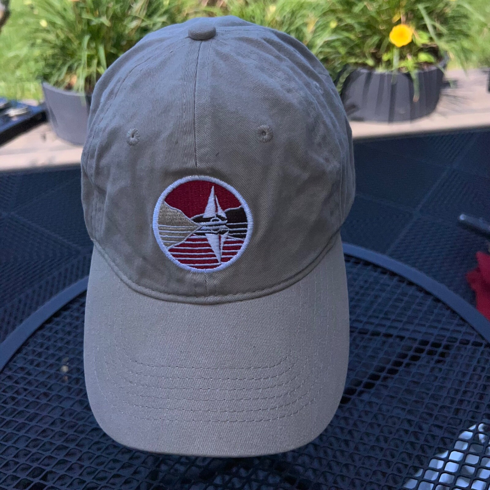 Tan w Sailboat Maroon Gold Tan Embroidery Hat Cap Strap Buckle VGC