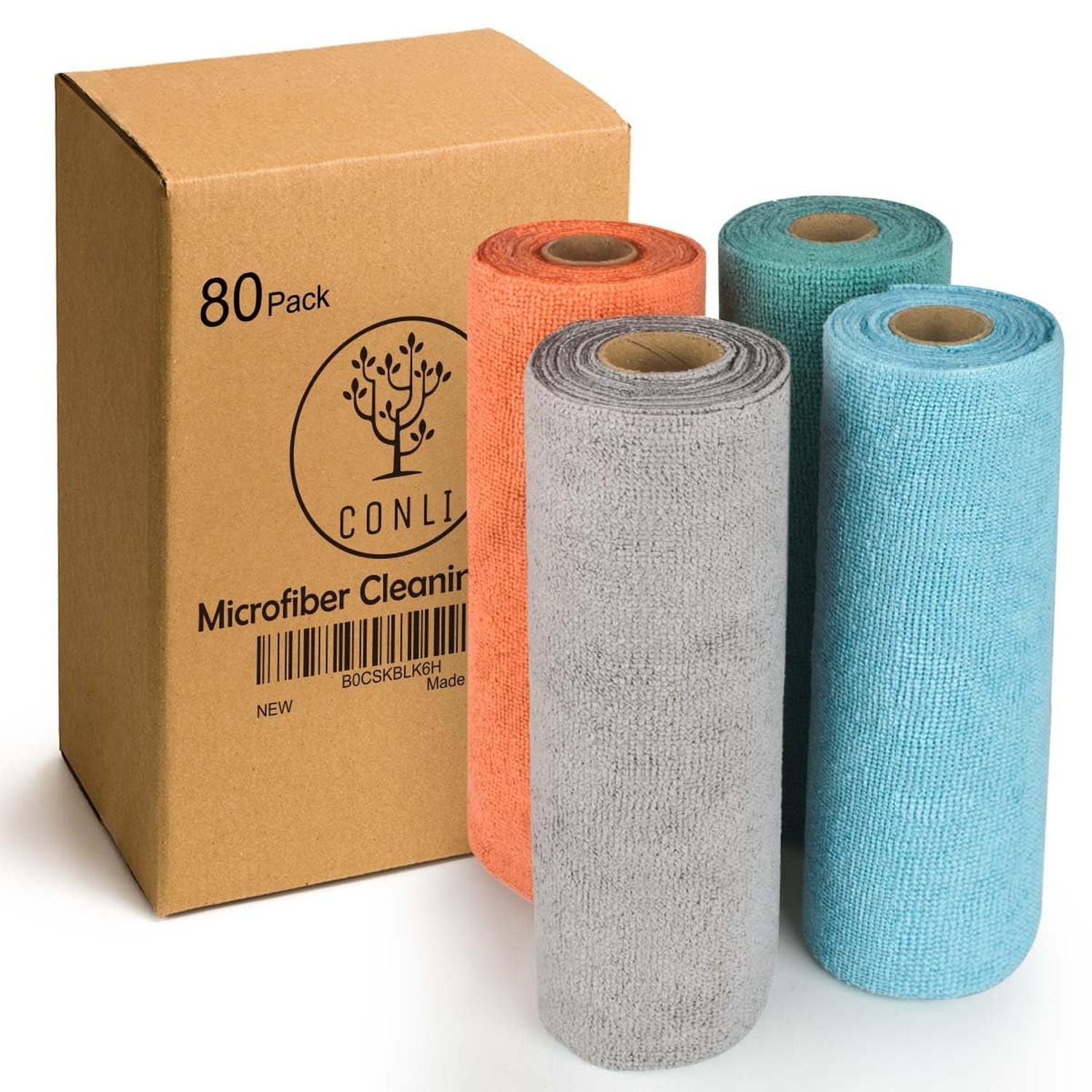 CONLI 4 Roll Microfiber Cleaning Cloth 80 Pack Reusable Microfiber Towels for...