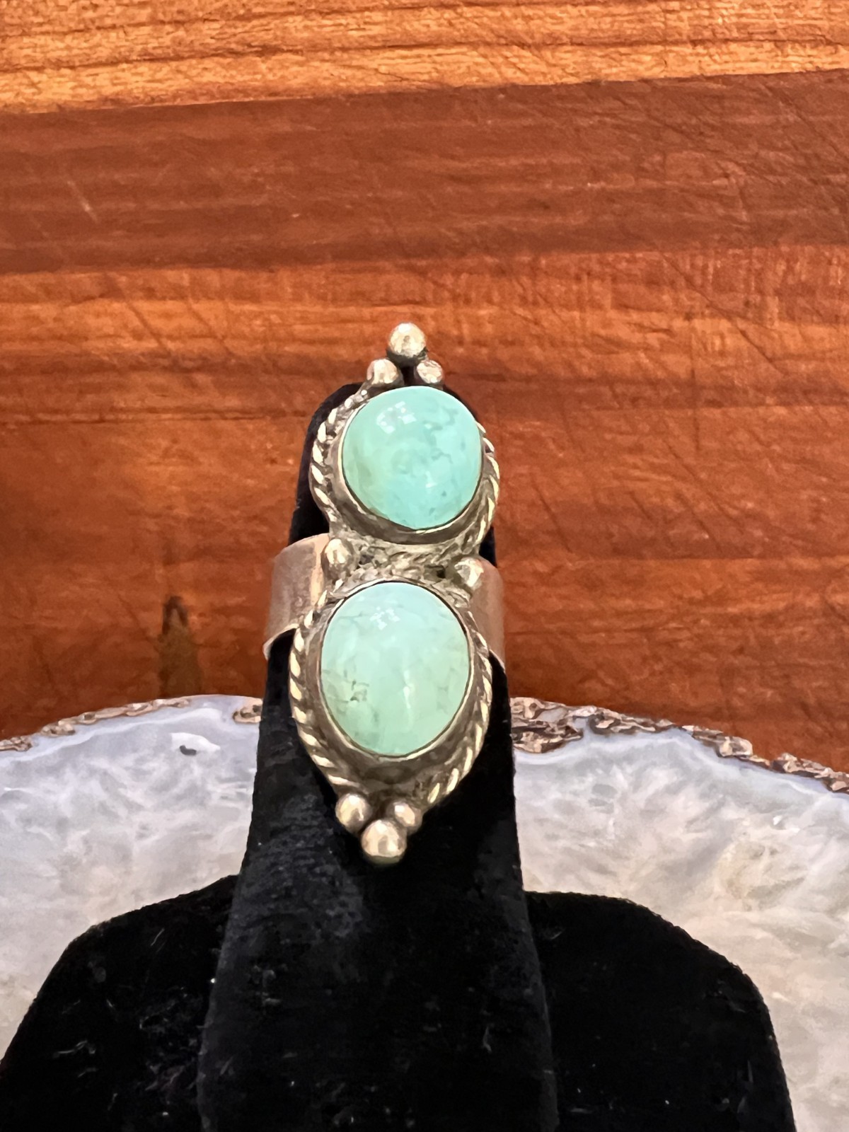 Vintage Lovely Old Pawn 1960s Navajo-Style Double Turquoise Sterling Ring SZ 4.5
