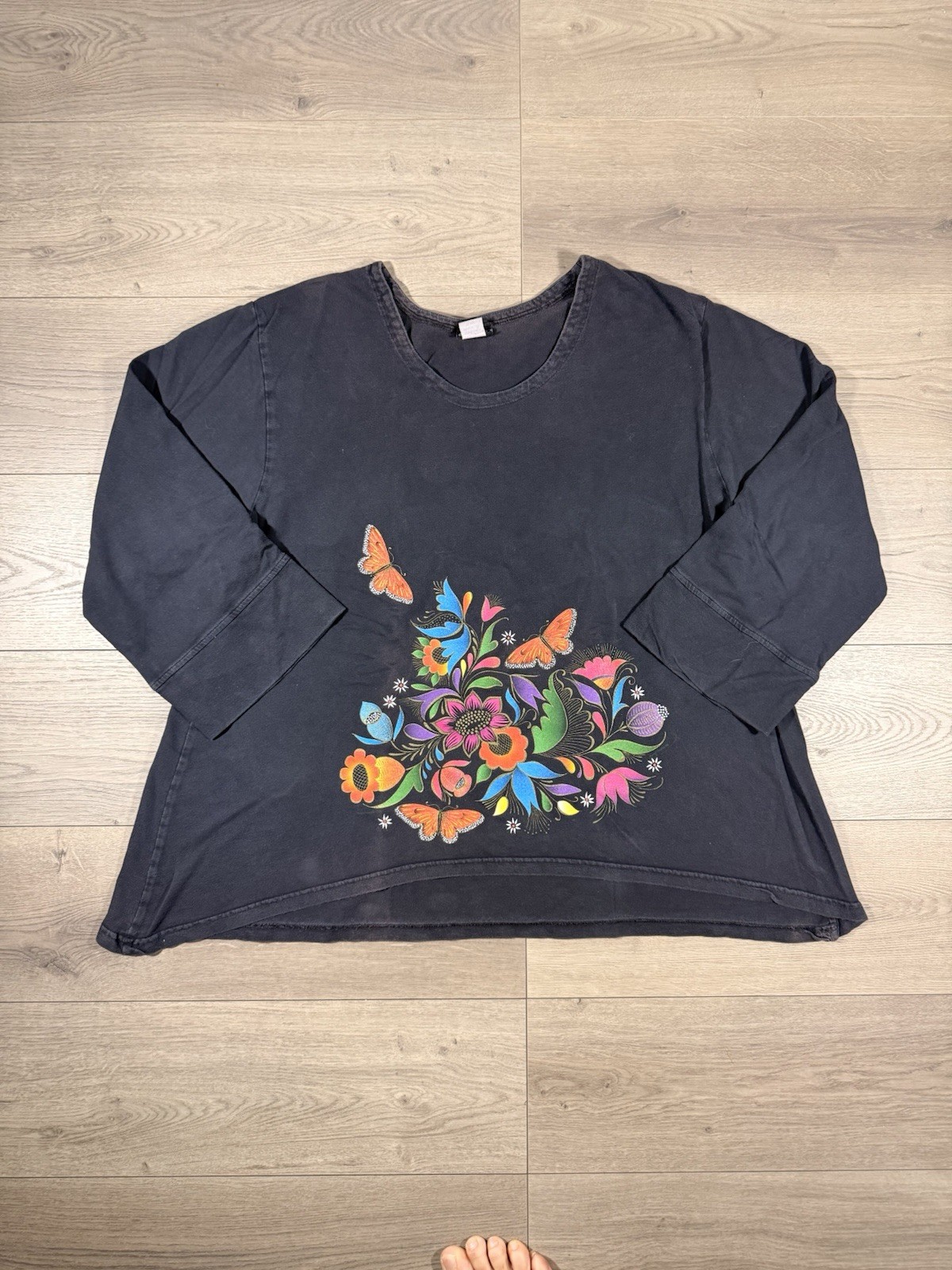 Sabaku vintage Artwear ¾ Sleeve Butterfly Floral Black Shirt Size XL