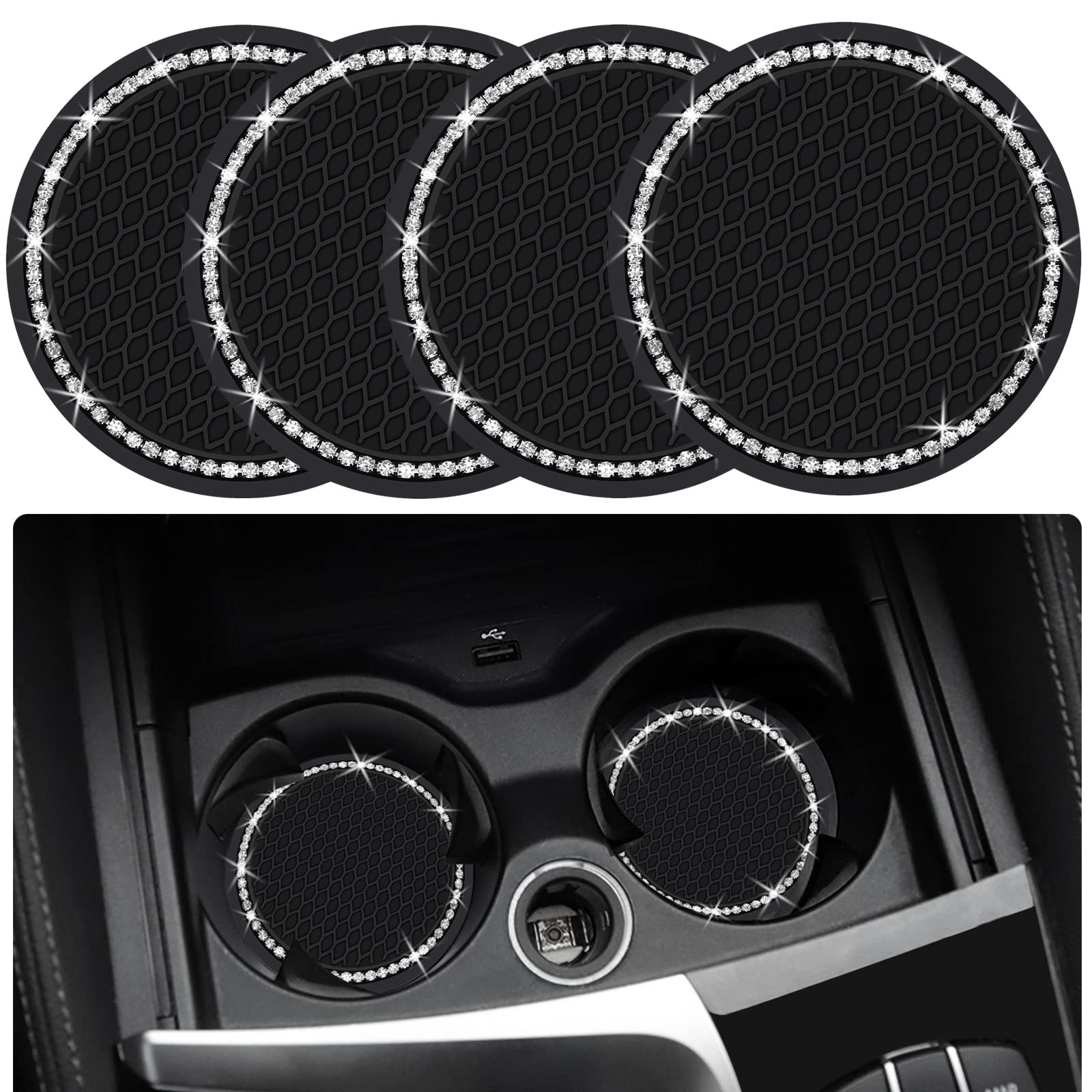 4PCS 2.75 Inch Bling Auto Car Cup Holder Insert Coasters 4pack, Black 