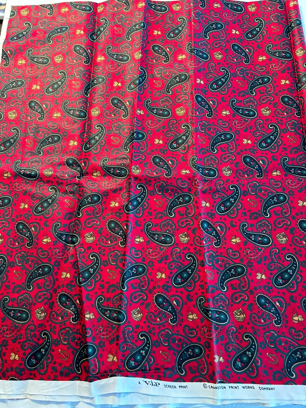 VTG Paisley Print Cotton Fabric Cranston Equestrian Horses 35” X 44” Red