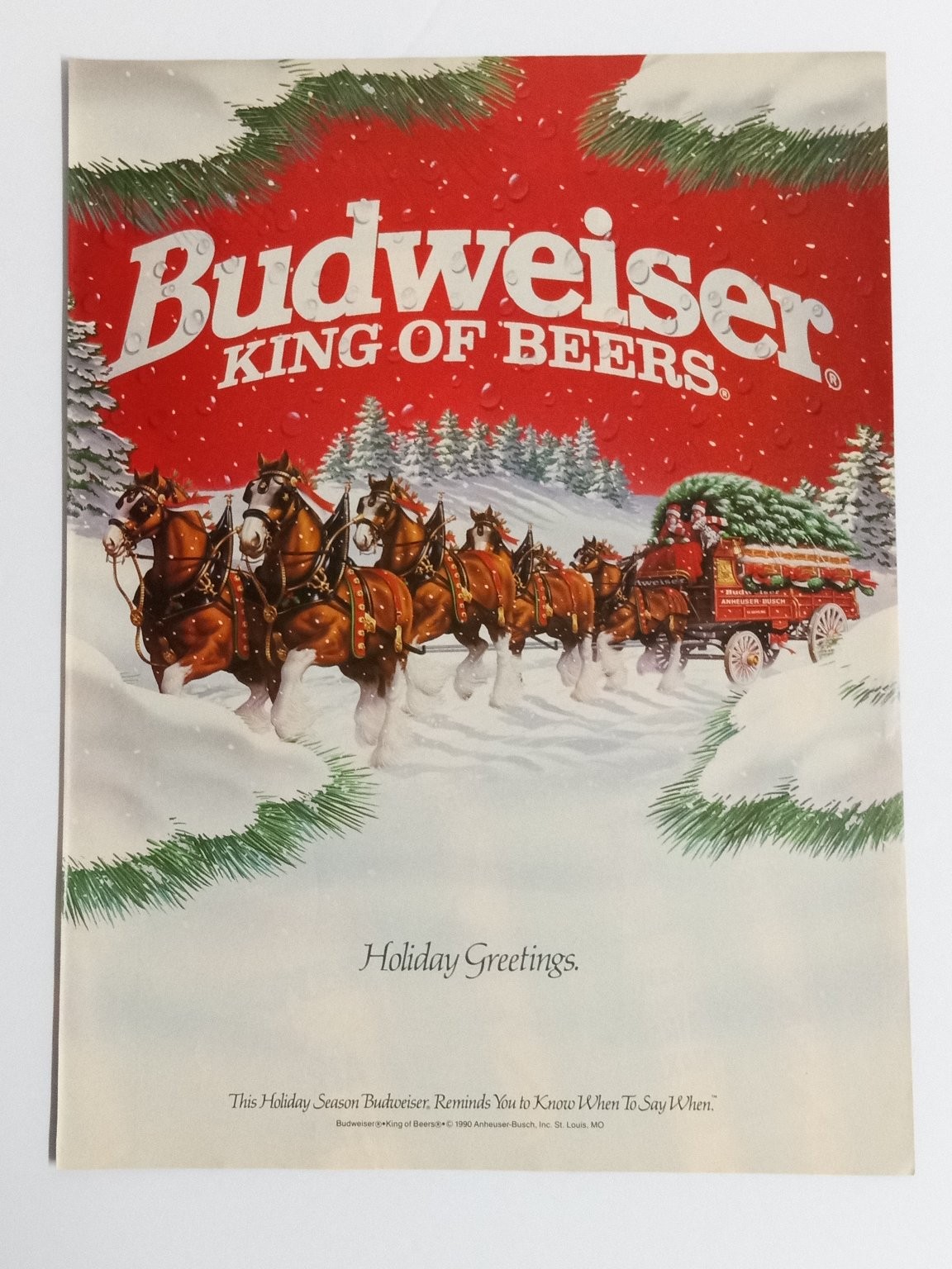 Budweiser Advertising Print Christmas Clydesdales Red White Vintage 1990