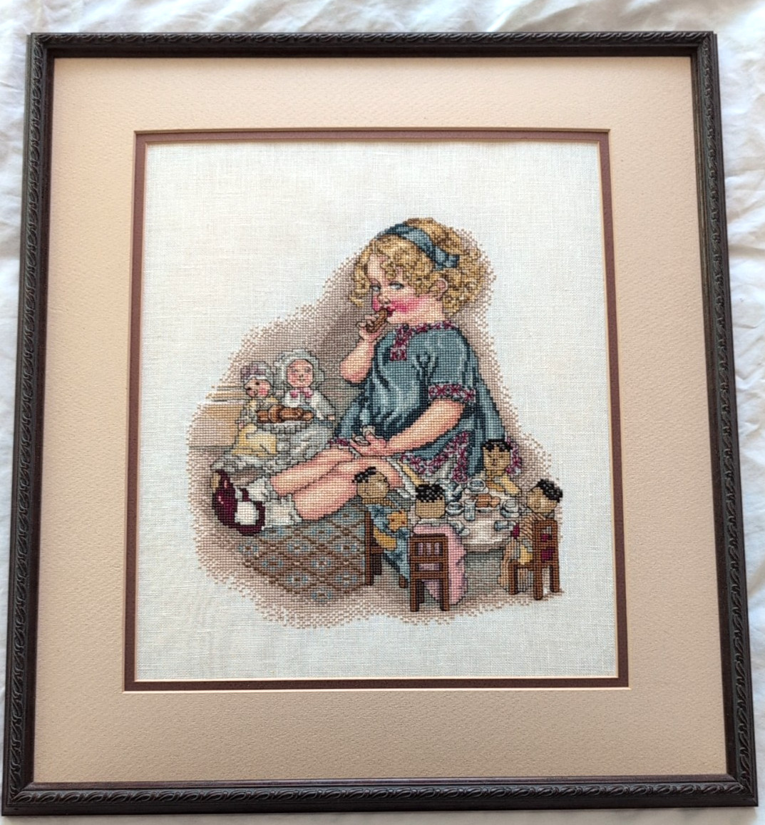Finished & Framed Cross Stitch Frame Girl Dolls Tea Party Framed Size 15½" x 17"