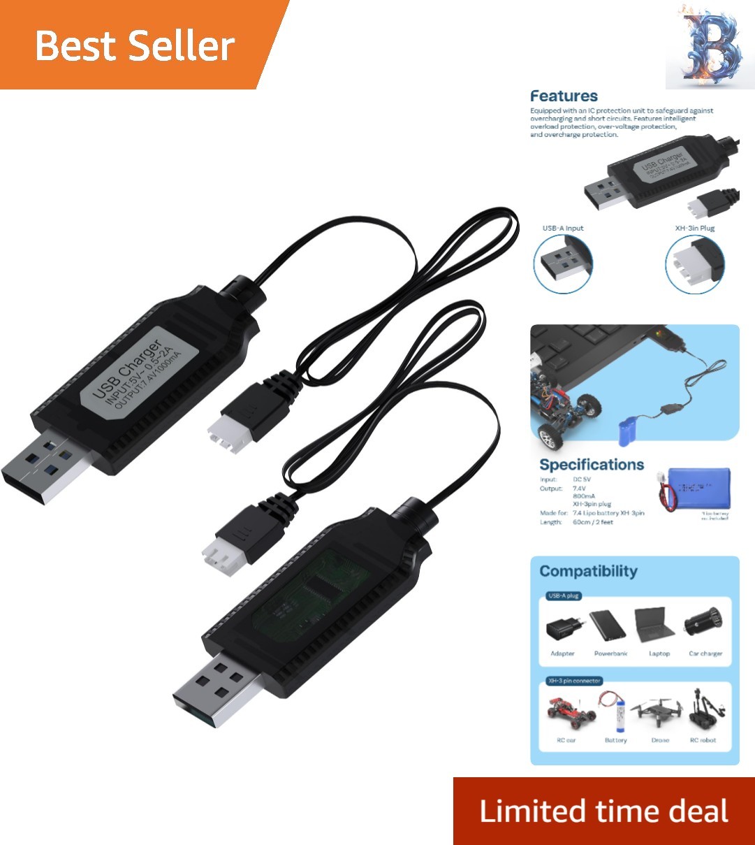 2-Pack USB Charger Cable - 7.4V LiPo & Li-ion Charge Adapter for RC Drones