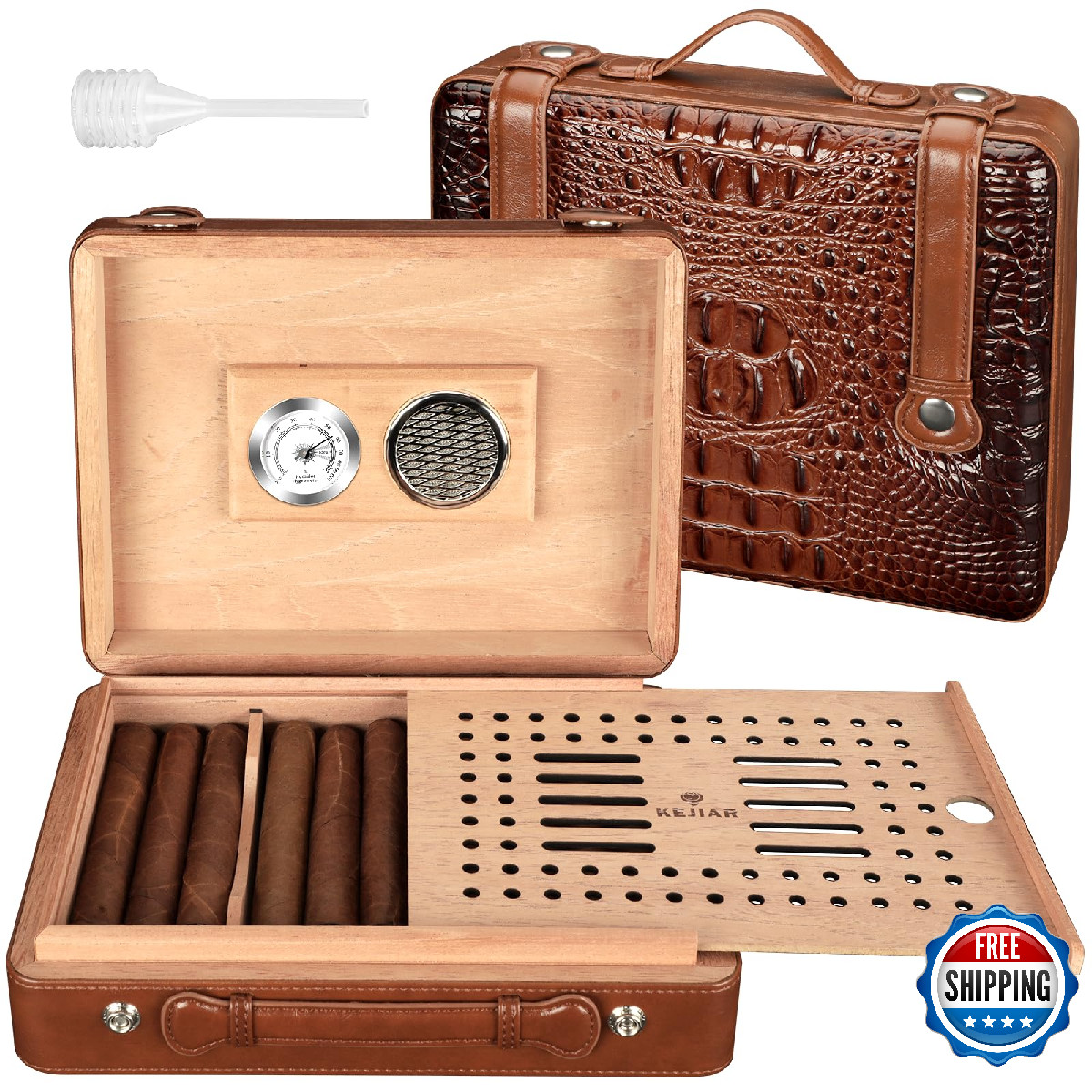 KEJIAR Leather Cedar Wood Cigar Humidor Case Box w/ Hygrometer, Travel 50-Cigar