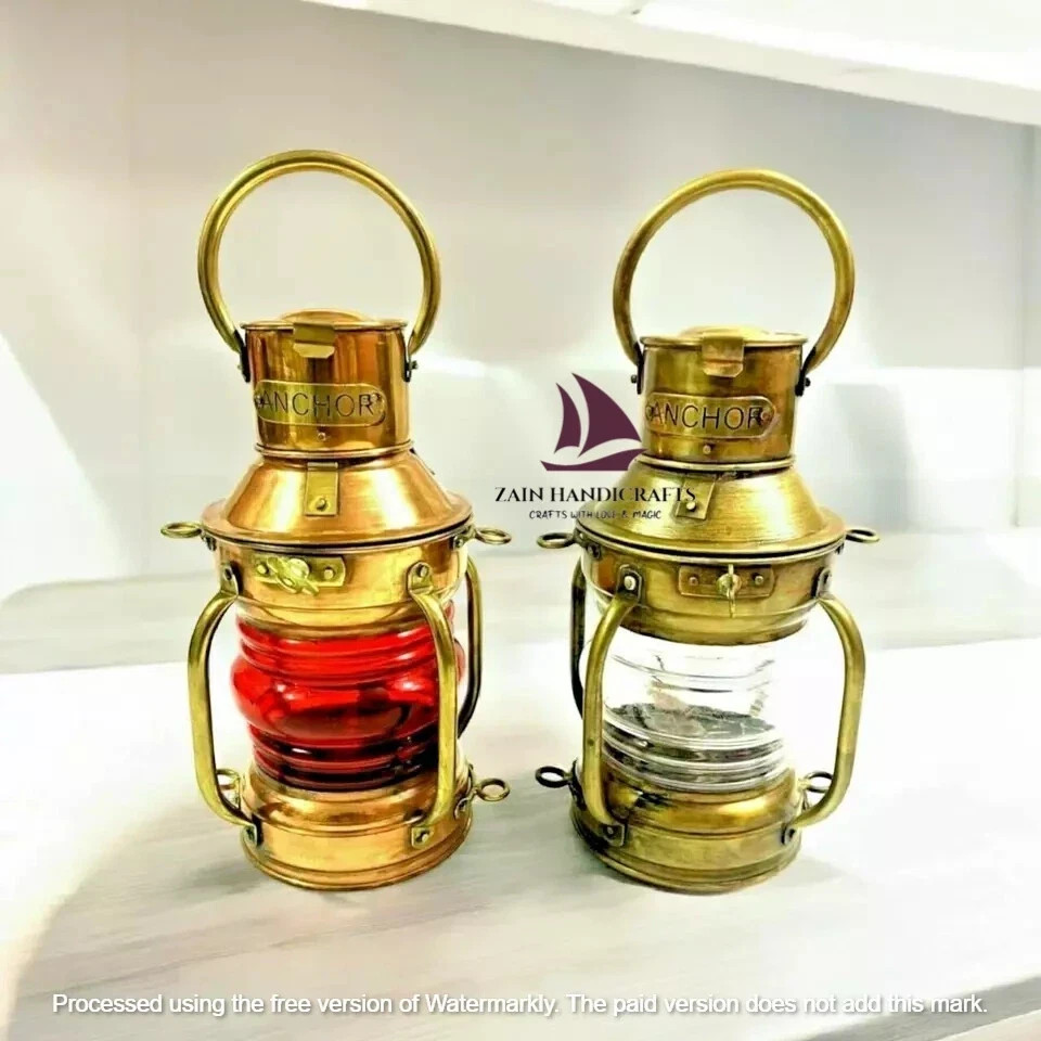 Antique Style Brass Maritime Lantern – Anchor Design Oil Lamp – Nautical Décor