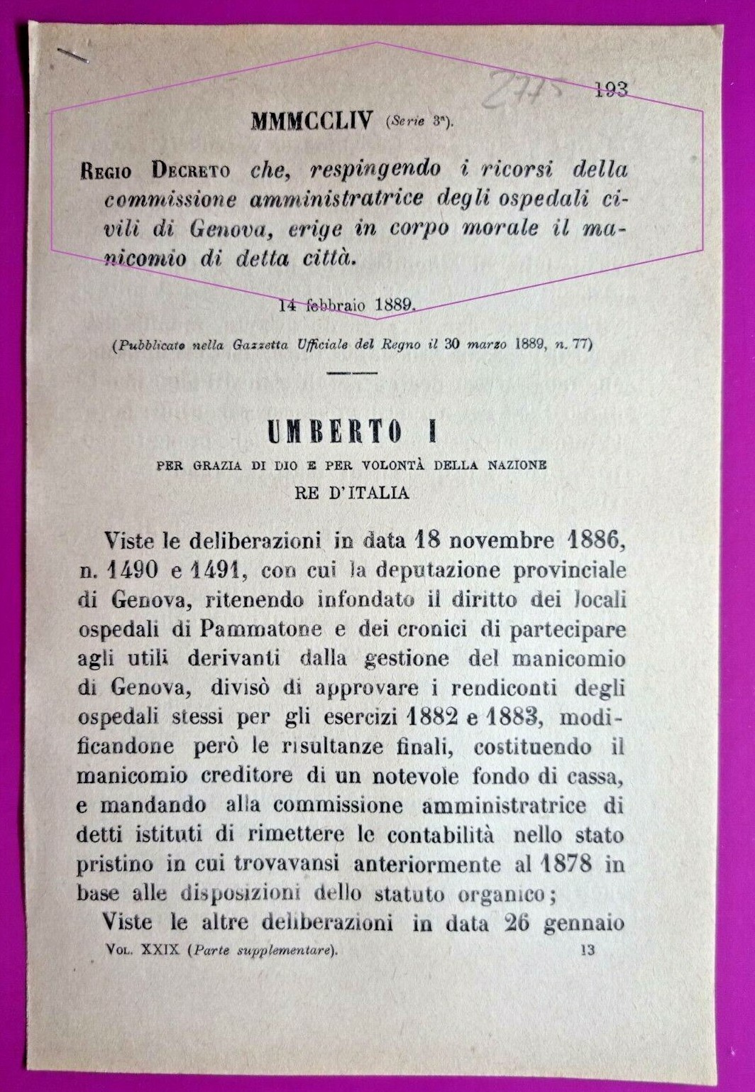 GENOA-ROYAL DECREE REJECTS APPEALS COMMISSION CIVIL HOSPITALS-2775