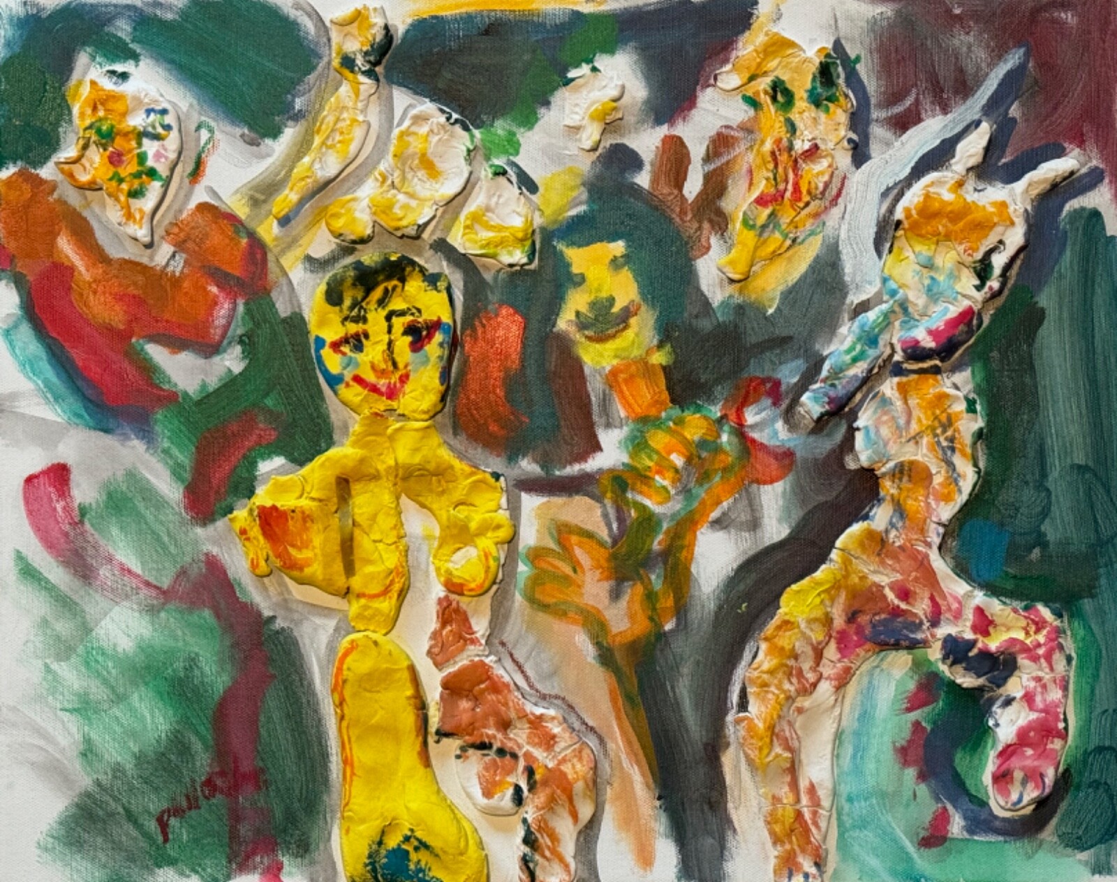 Vintage Mixed Media Figural Multi-color Painting Art Wall Hanging Signed Pollack