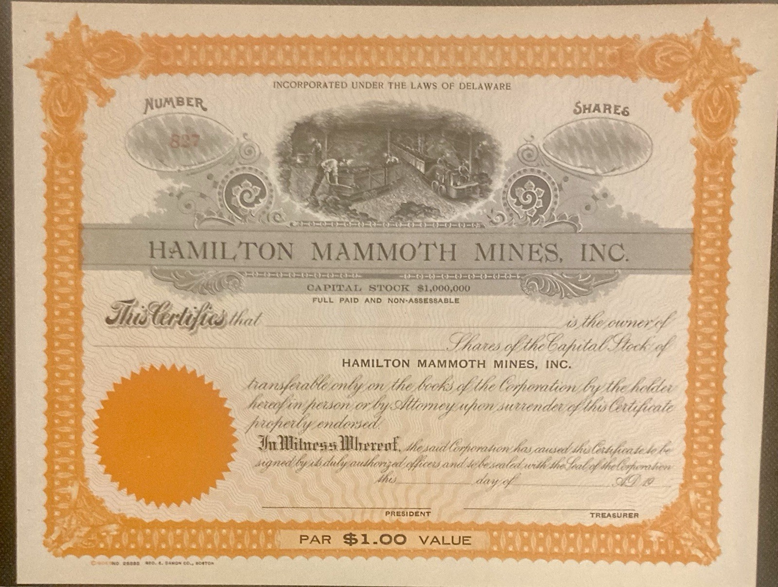 Hamilton Mammoth Mines, Inc. Vintage Unissued Stock Certificate