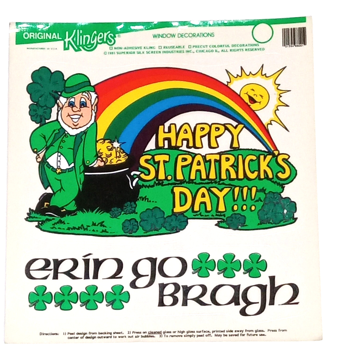 Vtg 1991 Original Klingers St Patrick Day Window Cling Decorations Leprechaun