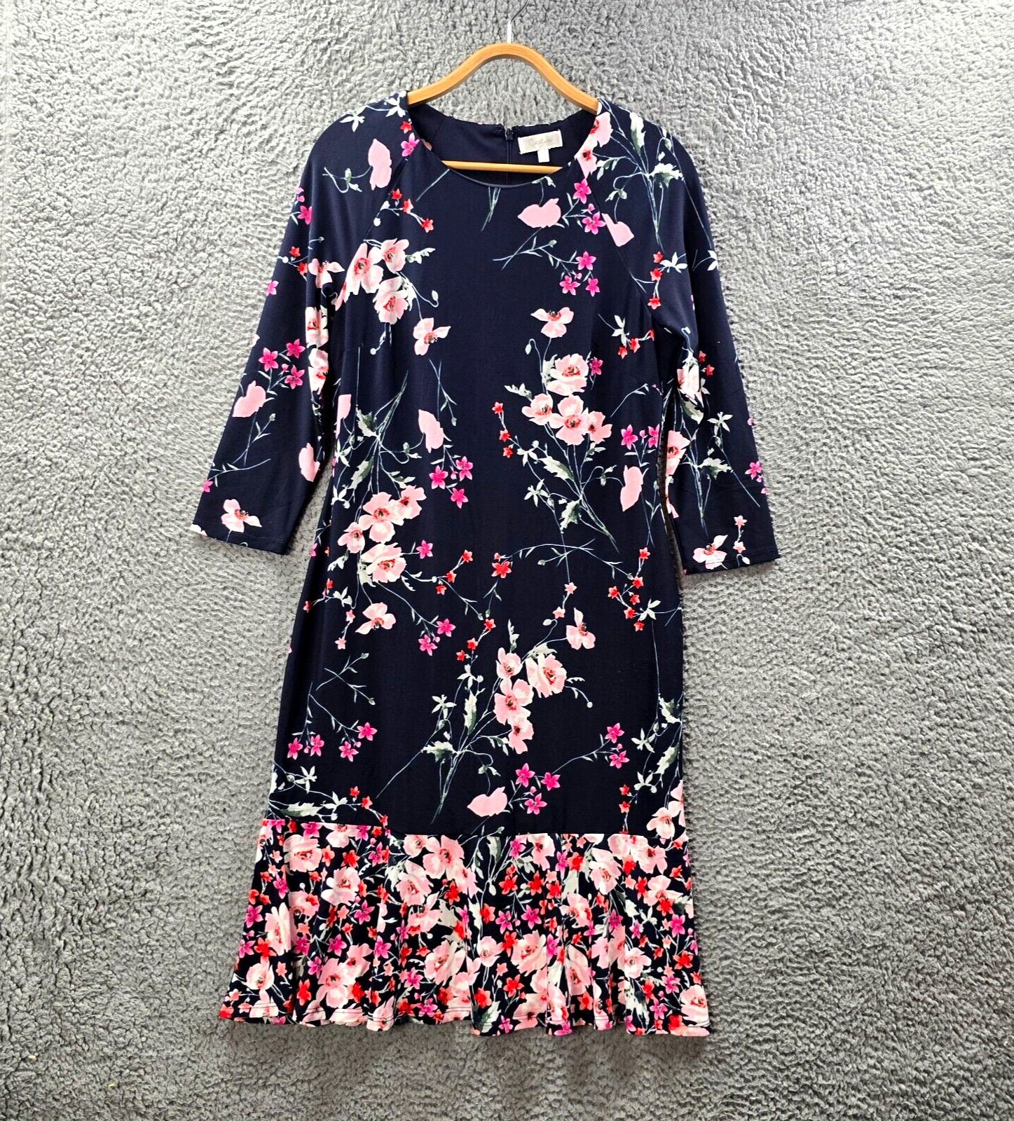 Capture Womens A-line Dress Size 12 Navy Blue Pink Floral Stretch Knit