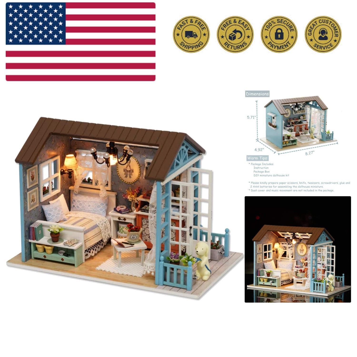 DIY Miniature Dollhouse Kit, 1:24 Scale Wooden Mini Doll House Accessories wi...