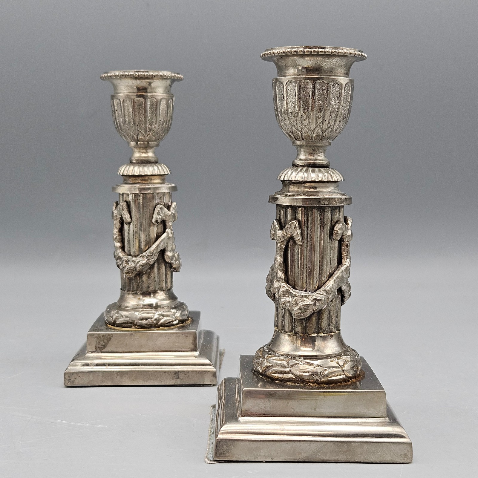 Pair of Silver-Plated Column Candlesticks with Roping