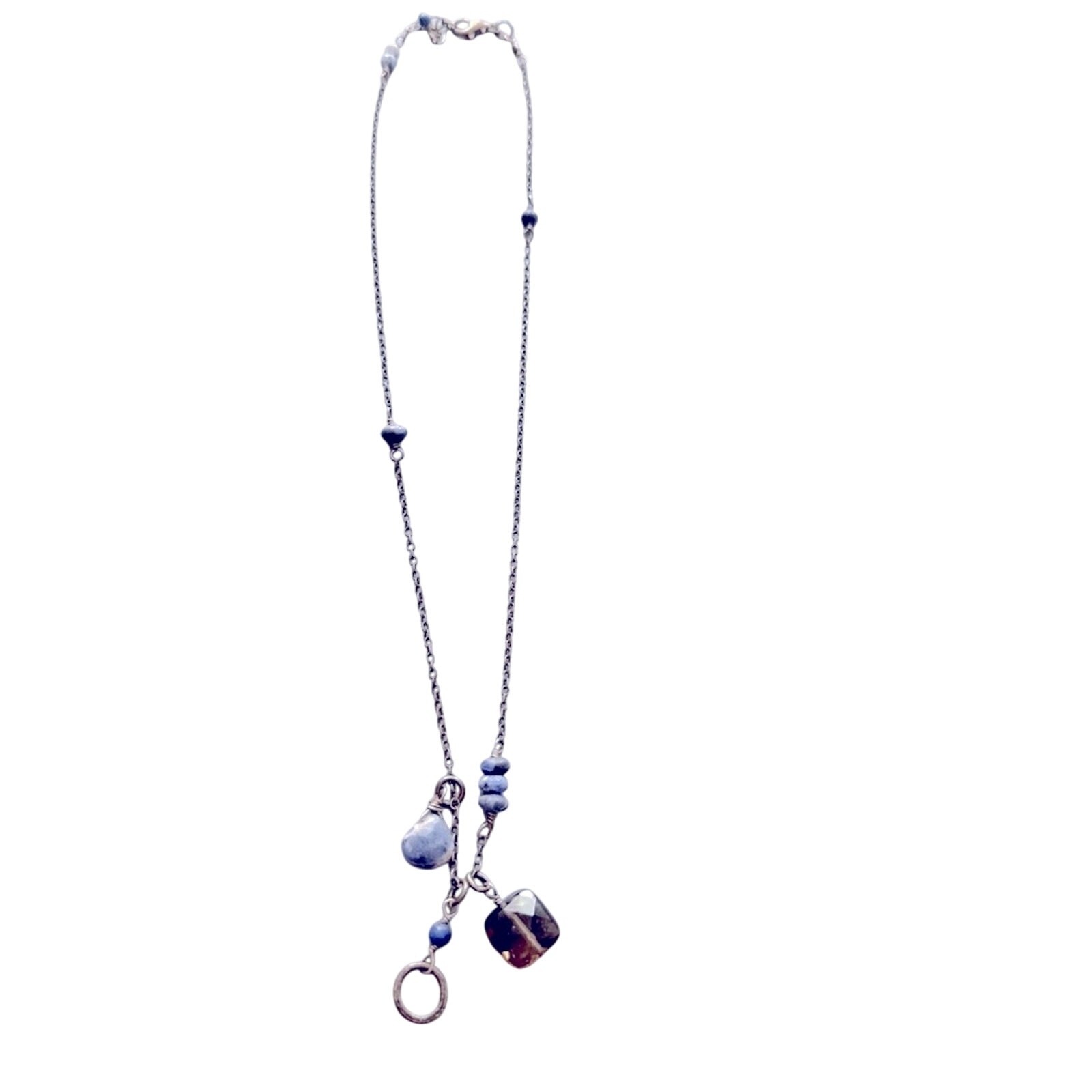 925 Sterling Silver Lapis Smokey Quartz Beaded Necklace
