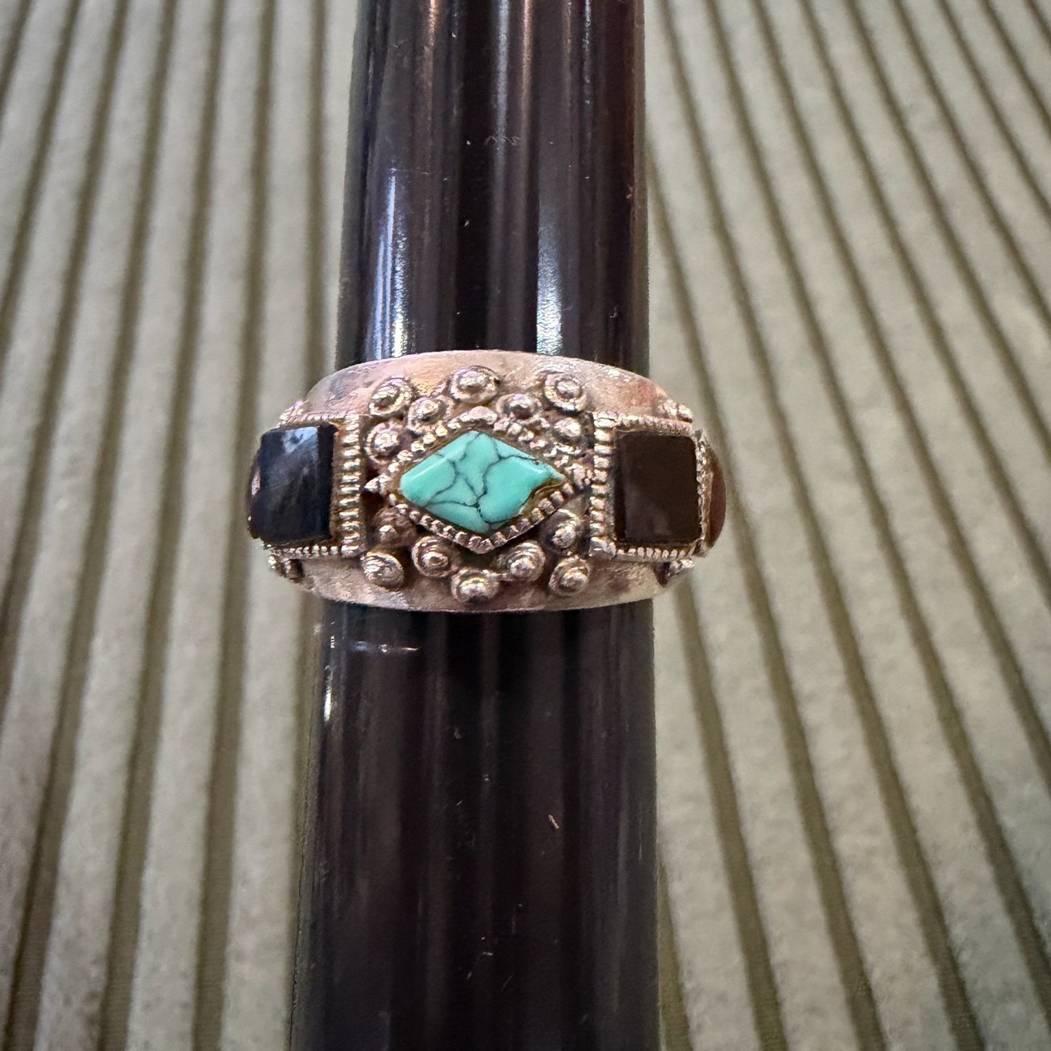 Vintage MJ 925 Sterling Silver Turquoise Onyx Carnelian Multi Stone Ring Size 8