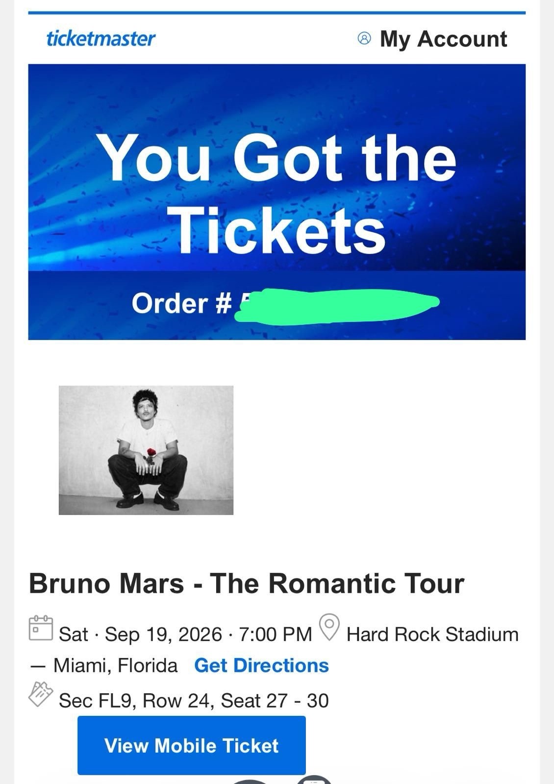 Two (2) Bruno Mars Concert Ticket, September 19th, Miami, Florida. Floor