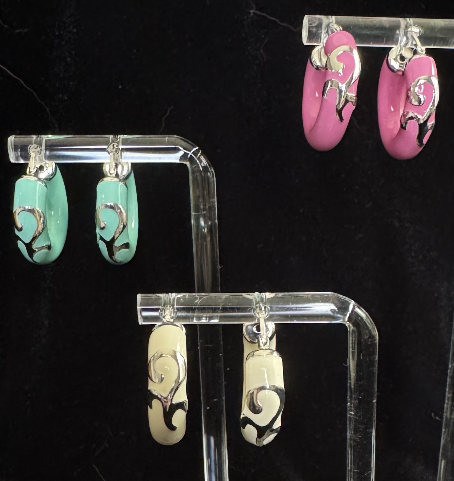 Vintage 925 Italy Enamel Hoop Earrings Lot Mint Green Candy Pink Ivory 