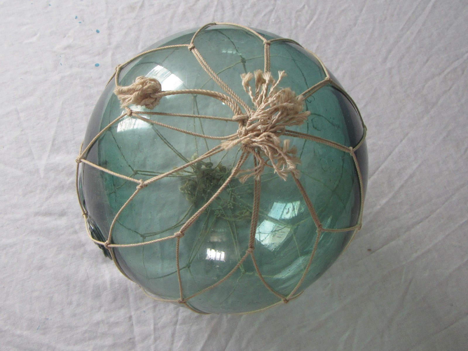 vintage Japan fishing float green   glass  ball with Kanji mark  9.5"