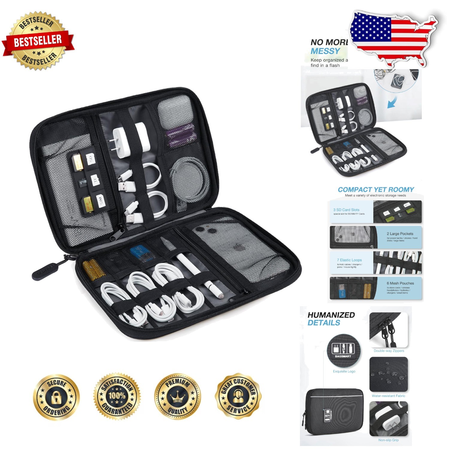 Versatile Electronics Organizer, Black, Keep Cords & SD Cards Neat