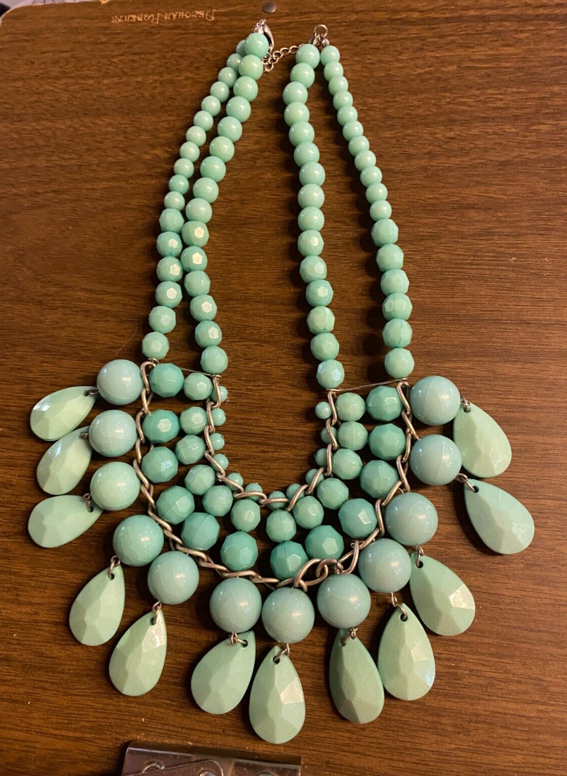Vintage Green Lucite Bib Necklace Silver Tone 16"-20"