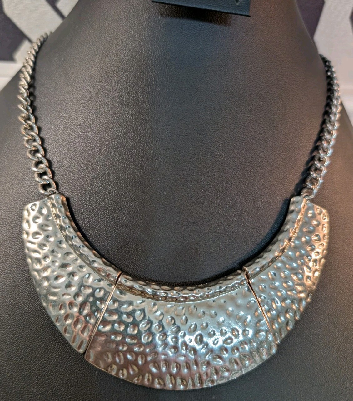 Classic Hammered Silvertone Bib Necklace