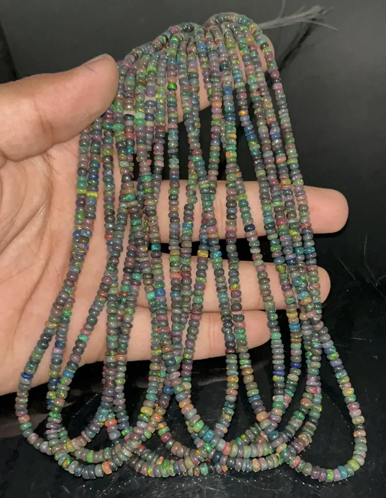 AAA+ Black Ethiopian Opal Smooth Rondelle Beads 3-4mm Black Ethiopian Opal 8''
