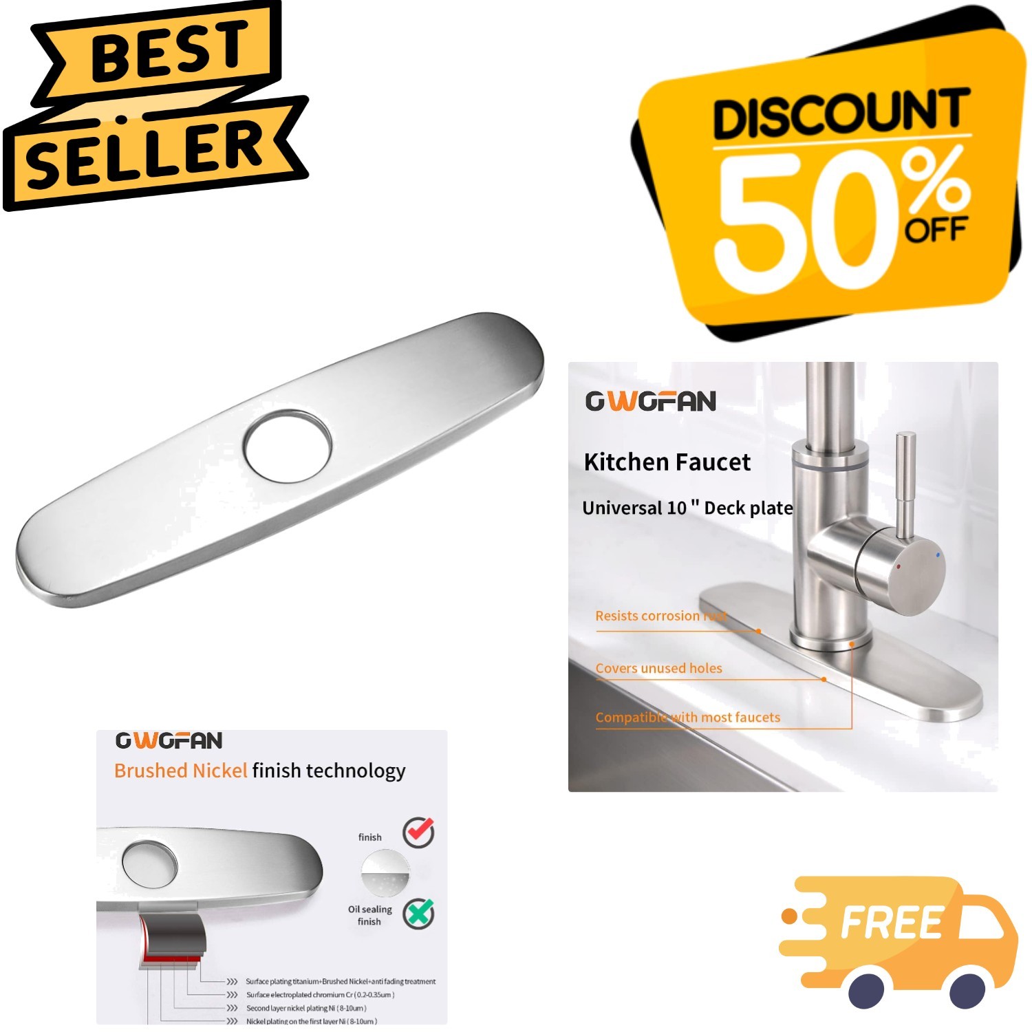 10-Inch Brushed Nickel Deck Plate for Kitchen & Bathroom Sink Faucets