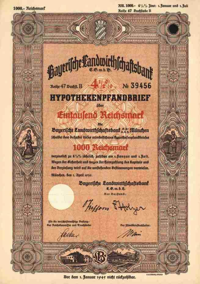 Bavarian Agricultural Bank 1939 Munich 1000 RM DG HYP Mortgage Bank Bavaria
