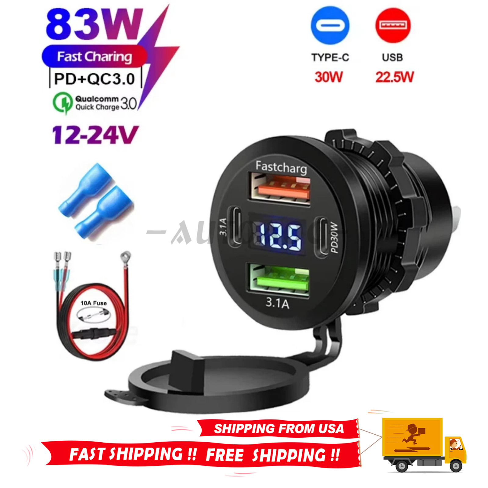 12V-24V PD + QC3.0 Dual USB Car Fast Charger Power Socket Outlet LED Voltmeter
