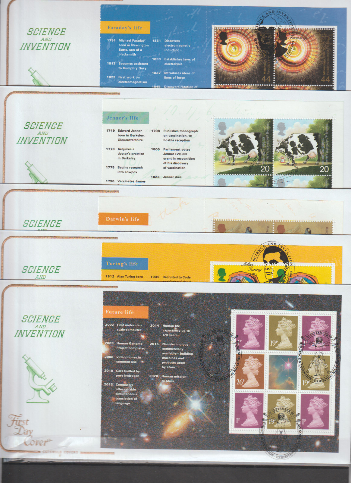 GB 1999 Science and Invention Prestige Booklet  Pane set x 5 FDC`s