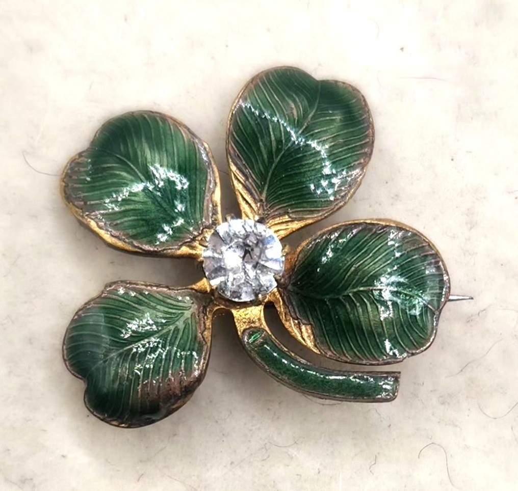 Vintage Gold-Tone Four-Leaf Clover Brooch With Green Enamel & Clear Rhinestone C