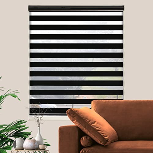 out Zebra Blinds, Dual Layer Free-Stop, Room Darkening Zebra 22"W x 72"H Black
